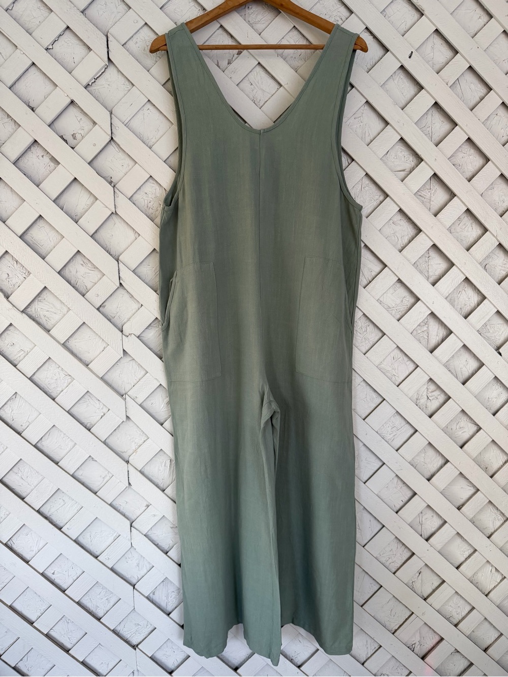 JODIFL Relaxed Soft Green Linen Blend Jumpsuit Wide Leg Pockets Boho Lagenlook S